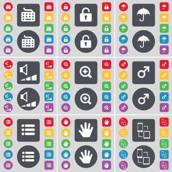 Keyboard, Lock, Umbrella, Volume, Magnifying glass, Mars symbol, List, Hand, Connection icon symbol. A large set of flat, colored buttons for your design. illustration