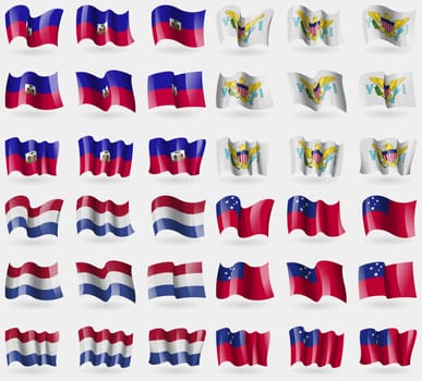 Haiti, VirginIslandsUS, Netherlands, Samoa. Set of 36 flags of the countries of the world. illustration