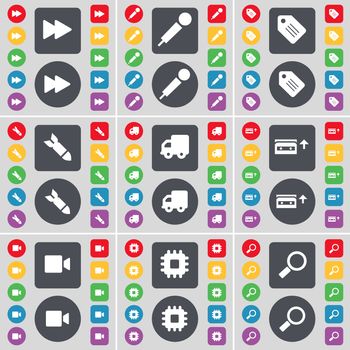 Rewind, Microphone, Tag, Rocket, Truck, Cassette, Film camera, Processor, Magnifying glass icon symbol. A large set of flat, colored buttons for your design. illustration