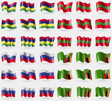 Mauritius, Transnistria, Russia, Zambia. Set of 36 flags of the countries of the world. illustration