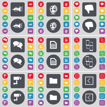 Trumped, Globe, Dislike, Chat, File, Connection, CCTV, Folder, Arrow left icon symbol. A large set of flat, colored buttons for your design. illustration
