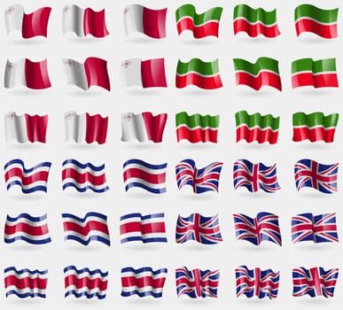 Malta, Tatarstan, Costa Rica, United Kingdom. Set of 36 flags of the countries of the world. illustration
