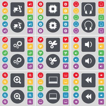 Scooter, Processor, Headphones, Gears, Scissors, Sound, Plus, Laptop, Rewind icon symbol. A large set of flat, colored buttons for your design. illustration