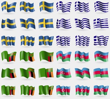 Sweden, Greece, Zambia, Azerbaijan. Set of 36 flags of the countries of the world. illustration