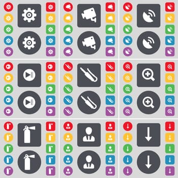Gear, CCTV, Satellite dish, Media skip, Microphone connector, Plus, Fire extinguisher, Avatar, Arrow down icon symbol. A large set of flat, colored buttons for your design. illustration