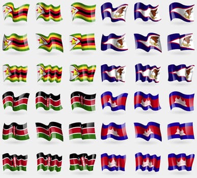 Zimbabwe, American Samoa, Kenya, Cambodia. Set of 36 flags of the countries of the world. illustration