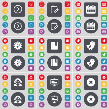 Arrow right, Survey, Calendar, Gear, Dictionary, Bird, Avatar, Graph, Stop icon symbol. A large set of flat, colored buttons for your design. illustration