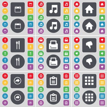 Calendar, Note, House,, Fork and knife, Printer, Dislike, Back, Survey, Apps icon symbol. A large set of flat, colored buttons for your design. illustration