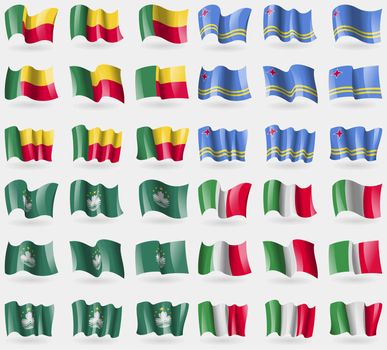 Benin, Aruba, Macau, Italy. Set of 36 flags of the countries of the world. illustration