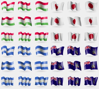 Tajikistan, Japan, Nicaragua, Georgia and Sandwich. Set of 36 flags of the countries of the world. illustration