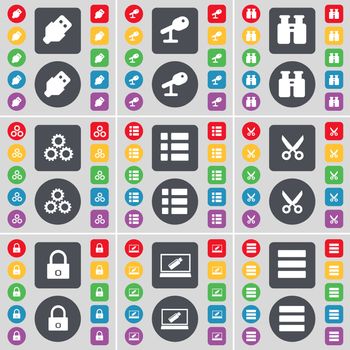 USB, Microphone, Binoculars, Gear, List, Scissors, Lock, Laptop, Apps icon symbol. A large set of flat, colored buttons for your design. illustration