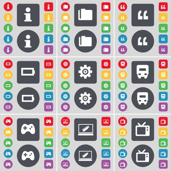 Information, Folder, Quotation mark, Battery, Gear, Truck, Gamepad, Laptop, Retro TV icon symbol. A large set of flat, colored buttons for your design. illustration