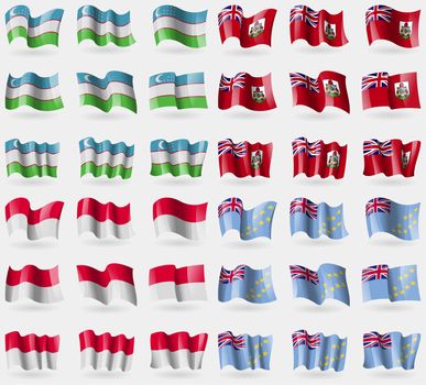 Uzbekistan, Bermuda, Monaco, Tuvalu. Set of 36 flags of the countries of the world. illustration