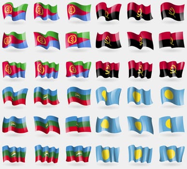 Eritrea, Angola, KarachayCherkessia, Palau. Set of 36 flags of the countries of the world. illustration