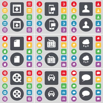 Window, SMS, Avatar, File, Keyboard, Cloud, Videotape, Car, Chat bubble icon symbol. A large set of flat, colored buttons for your design. illustration