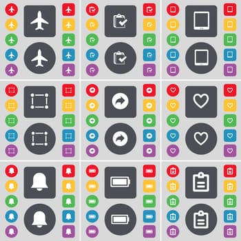 Airplane, Survey, Tablet PC, Frame, Back, Heart, Notiification, Battery, Survey icon symbol. A large set of flat, colored buttons for your design. illustration