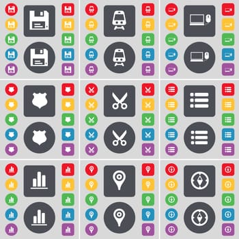 Floppy, Train, Laptop, Police badge, Scissors, List, Diagram, Checkpoint, Compass icon symbol. A large set of flat, colored buttons for your design. illustration