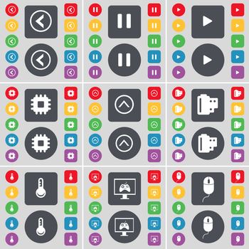 Arrow left, Pause, Media play, Processor, Arrow up, Negative films, Thermometer, Monitor, Mouse icon symbol. A large set of flat, colored buttons for your design. illustration