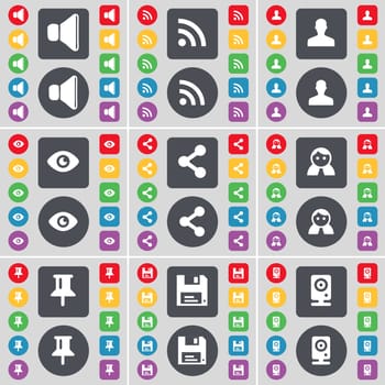Sound, RSS, Avatar, Vision, Share, Silhouette, Pin, Floppy, Speaker icon symbol. A large set of flat, colored buttons for your design. illustration