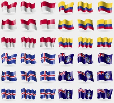 Indonesia, Colombia, Iceland, Tristan da Cunha. Set of 36 flags of the countries of the world. illustration