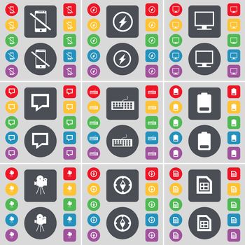 Smartphone, Flash, Monitor, Chat bubble, Keyboard, Battery, Film camera, Compass, File icon symbol. A large set of flat, colored buttons for your design. illustration