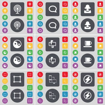 Wi-Fi, Chat bubble, Avatar, Yin-Yang, Mailbox, Cup, Frame, Connection, Flash icon symbol. A large set of flat, colored buttons for your design. illustration