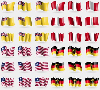 Niue, Peru, Liberia, Germany. Set of 36 flags of the countries of the world. illustration