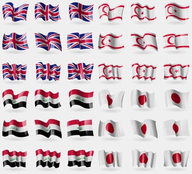 United Kingdom, Turkish Northern Cyprus, Iraq, Japan. Set of 36 flags of the countries of the world. illustration