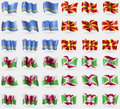 Aruba, Macedonia, Wales, Burundi. Set of 36 flags of the countries of the world. illustration