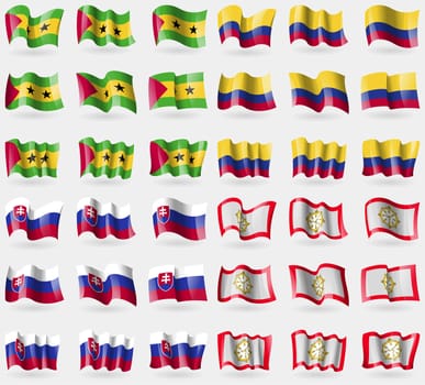 Sao Tome and Principe, Colombia, Slovakia, Sikkim. Set of 36 flags of the countries of the world. illustration