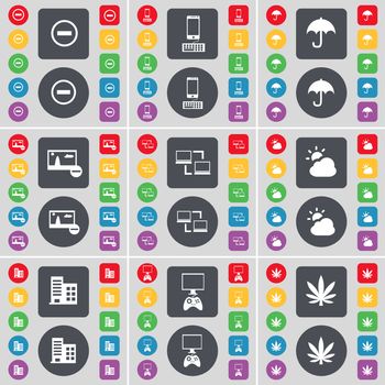 Minus, Smartphone, Umbrella, Picture, Connection, Cloud, Building, Game console, Marijuana icon symbol. A large set of flat, colored buttons for your design. illustration