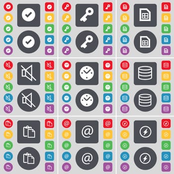 Tick, Key, List, Mute, Clock, Database, Survey, Mail, Flash icon symbol. A large set of flat, colored buttons for your design. illustration