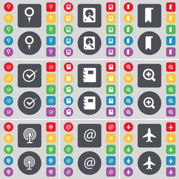 Checkpoint, Hard drive, Marker, Tick, Notebook, Magnifying glass, Wi-Fi, Mail, Airplane icon symbol. A large set of flat, colored buttons for your design. illustration