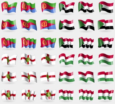 Eritrea, Sudan, Alderney, Hungary. Set of 36 flags of the countries of the world. illustration