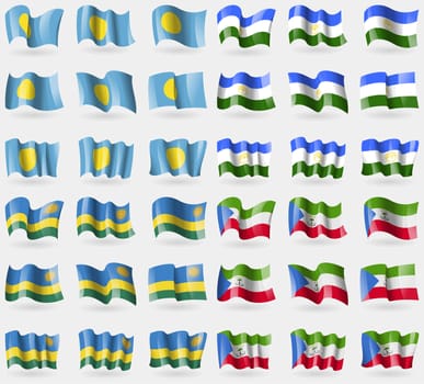 Palau, Bashkortostan, Rwanda, Equatorial Guinea. Set of 36 flags of the countries of the world. illustration