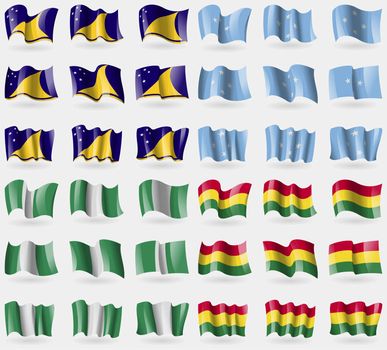 Tokelau, Micronesia, Nigeria, Bolivia. Set of 36 flags of the countries of the world. illustration