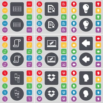 Equalizer, Text file, Light bulb, Scroll, Laptop, Arrow left, Connection, Drop, Silhouette icon symbol. A large set of flat, colored buttons for your design. illustration