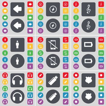 Arrow left, Flash, Clef, Silhouette, Smartphone, Battery, Headphones, USB, Police badge icon symbol. A large set of flat, colored buttons for your design. illustration