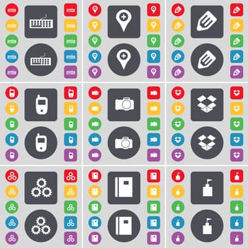 Keyboard, Checkpoint, Pencil, Mobile phone, Camera, Dropbox, Gears, Notebook, Flag tower icon symbol. A large set of flat, colored buttons for your design. illustration