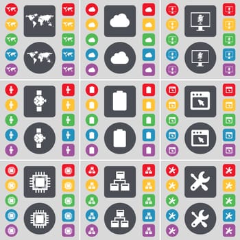 Globe, Cloud, Monitor, Wrist watch, Battery, Window, Processor, Network, Wrench icon symbol. A large set of flat, colored buttons for your design. illustration