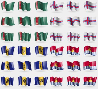 Turkmenistan, Faroe Islands, Barbados, Kiribati. Set of 36 flags of the countries of the world. illustration