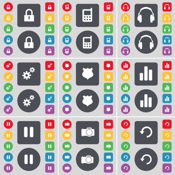 Lock, Mobile phone, Headphones, Gear, Police badge, Diagram, Pause, Camera, Reload icon symbol. A large set of flat, colored buttons for your design. illustration