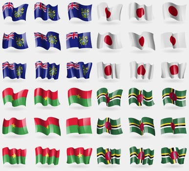 Pitcairn Islands, Japan, Burkia Faso, Dominica. Set of 36 flags of the countries of the world. illustration