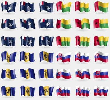 French and Antarctic, GuineaBissau, Barbados, Slovakia. Set of 36 flags of the countries of the world. illustration