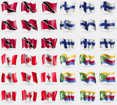 Trinidad and Tobago, Finland, Canada, Comoros. Set of 36 flags of the countries of the world. illustration