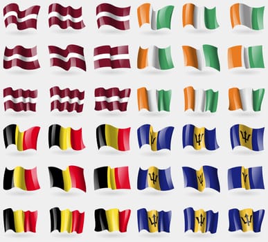 Latvia, Cote Divoire, Belgium, Barbados. Set of 36 flags of the countries of the world. illustration