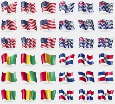 USA, British Indian Ocean Territory, Guinea, Dominican Republic. Set of 36 flags of the countries of the world. illustration