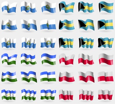 San Marino, Bahamas, Bashkortostan, Poland. Set of 36 flags of the countries of the world. illustration