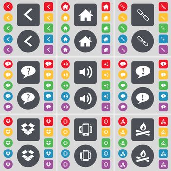 Arrow left, House, Link, Chat bubble, Sound, Dropbox, Smartphone, Campfire icon symbol. A large set of flat, colored buttons for your design. illustration