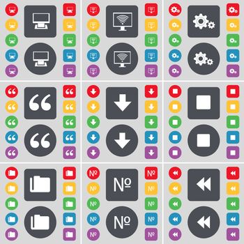 Monitor, Gear, Quotation mark, Arrow down, Media stop, Folder, Number, Rewind icon symbol. A large set of flat, colored buttons for your design. illustration